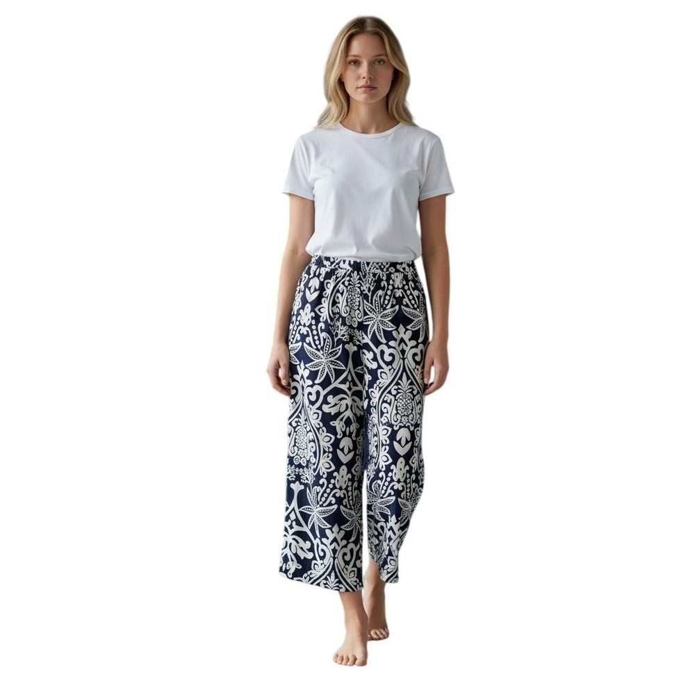 Emerson Rose Navy‎ Blue White Pineapple Tropical Linen Blend Pants - Women's S